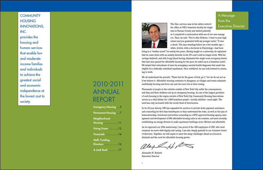 Annual reports design Community Housing Innovations CHI affordable housing director's letter