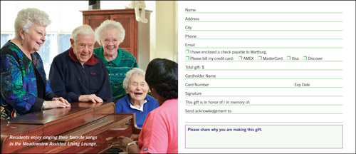 Non-profit year end appeal reply card Wartburg senior living facility